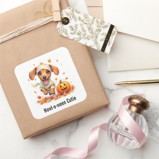 ダッチシュント子犬ミイラのハロウィーンの水色 スクエアシール (ギフト)