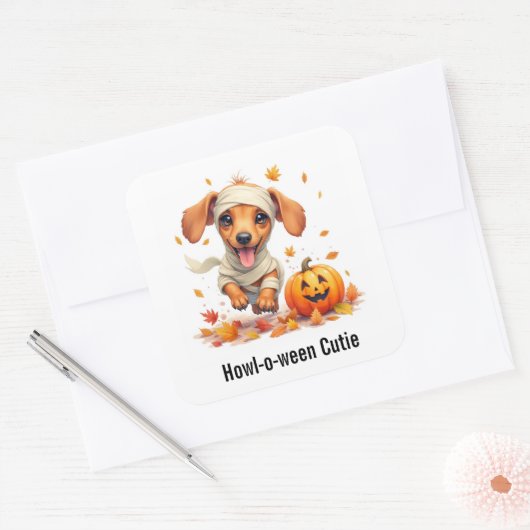 ダッチシュント子犬ミイラのハロウィーンの水色 スクエアシール (封筒)