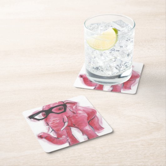 ダッパー動物 |メガネのピンクの象 スクエアペーパーコースター (インサイチュ)