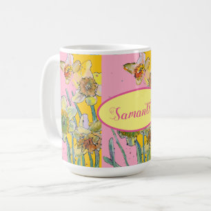 ダッフォジ絵画ルの水彩黄色ピンクフローラ コーヒーマグカップ