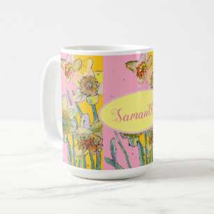 ダッフォジ絵画ルの水彩黄色ピンクフローラ コーヒーマグカップ