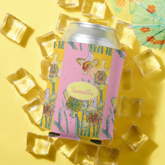 ダッフォジ絵画ルの水彩黄色ピンクフローラ 缶クーラー (インサイチュ 夏)