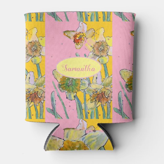 ダッフォジ絵画ルの水彩黄色ピンクフローラ 缶クーラー (正面)