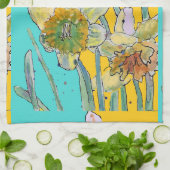 ダッフォディルウォーターカラーフラワーターコイズフローラ キッチンタオル (折り畳み)