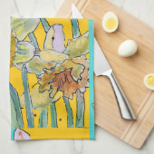 ダッフォディルウォーターカラーフラワーターコイズフローラ キッチンタオル (四つ折り)