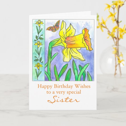 ダッフォディルウォーターカラーフラワーハッピーバースデーシスター カード (黄色い花)