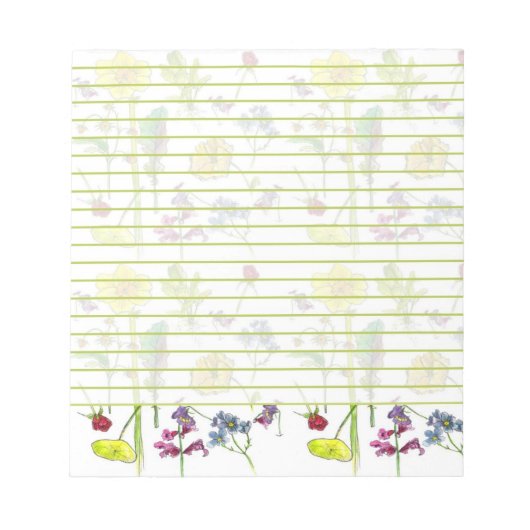 ダッフォディルパンシーワイルドフラワーボタニカルスケッチが並ぶ ノートパッド (正面)