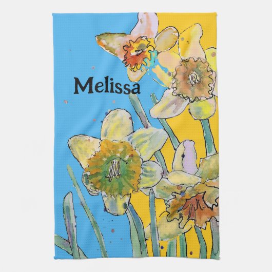 ダッフォディルフラワーフローラ春ウォーターカラーウォメンズ キッチンタオル (縦)