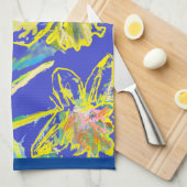 ダッフォディルフラワーフローラ春水彩青茶 キッチンタオル (四つ折り)