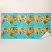 ダッフォディルフラワーフローラ水彩ターコイズ ビーチタオル (正面)