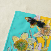 ダッフォディルフラワーフローラ水彩ターコイズ ビーチタオル (インサイチュ)