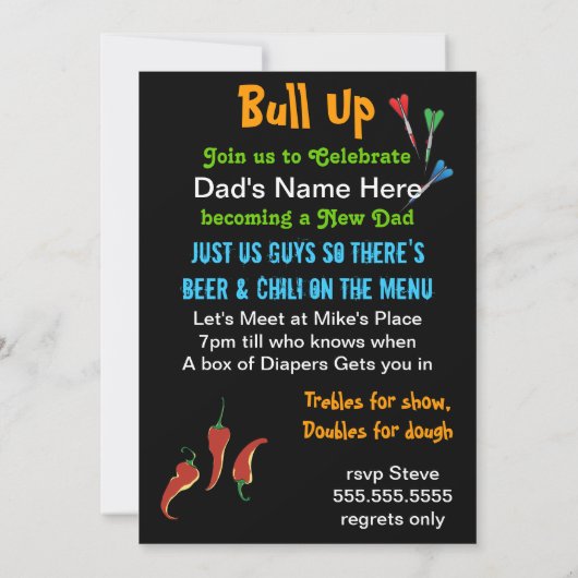 ダディおもしろいーがシャワーを浴びる – Darts and Farts 招待状 (裏面)