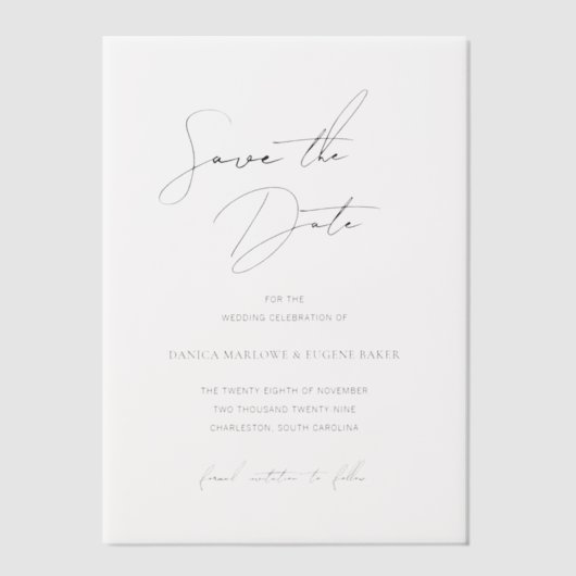 ダニカクラシックエレガントな結婚式の日付を保存 ベラム紙招待状 (正面)
