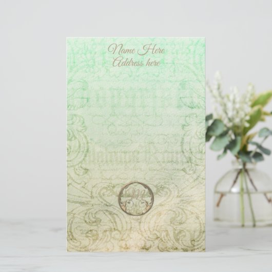 ダビクトリアンマスクスクリプト金ゴールドグリーンエレガント 便箋 (スタンド正面)