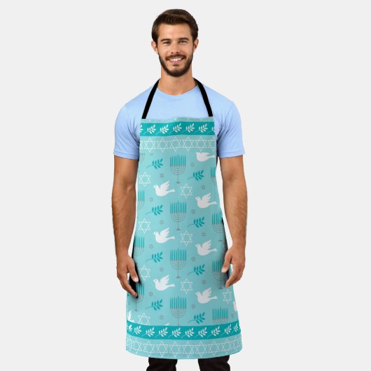 ダビデのハヌカー星、鳩、ハヌカーのキャンドル エプロン (着用した状態)