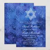 ダビデの星 エレガント シンプル ブルー バット ミッツヴァ 招待状 (正面/裏面)