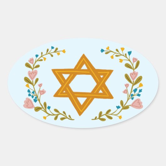 ダビデの星 手描き フラワー ユダヤ教 カスタム 楕円形シール (正面)