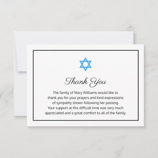 ダビデエレガントトの葬儀の宗教的なスターありがとう サンキューカード (正面)
