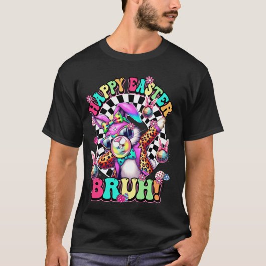 ダビングするウサギがしゃぼん玉を吹くヒョウ柄メガネ Tシャツ (正面)