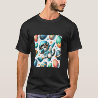 ダビングする猫宇宙飛行士 卵と一緒に宇宙に浮かぶ P Tシャツ