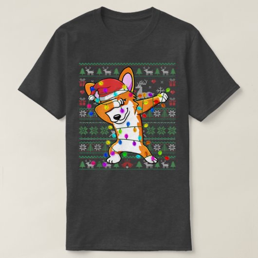 ダビングコーギ妖精ライト醜いクリスマスセーター Tシャツ (デザイン正面)