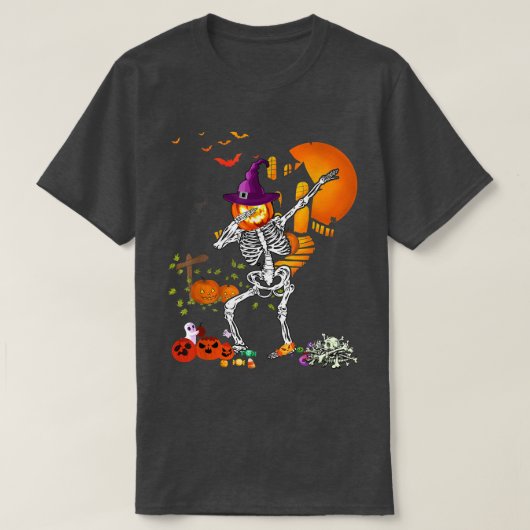 ダビングスケルトンかぼちゃのダンス面白いハロウィーンTha Tシャツ (デザイン正面)