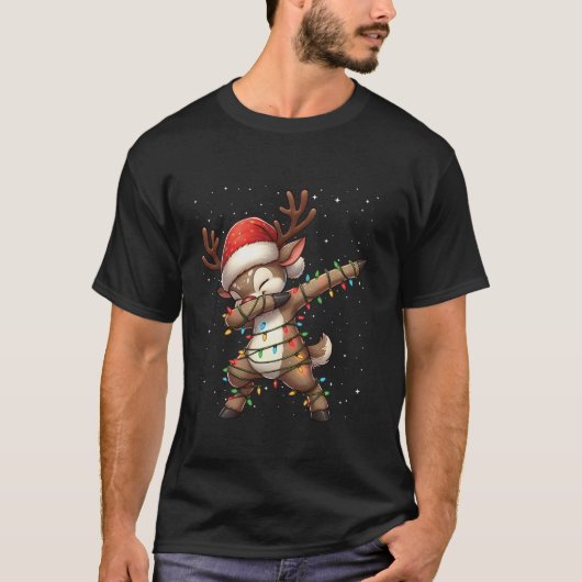 ダビングトナカイのクリスマスライトサンタハットクリスマスS Tシャツ (正面)