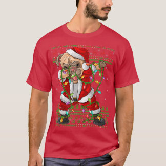 ダビングパグドッグクリスマスライトおもしろい醜いパグサンタC Tシャツ
