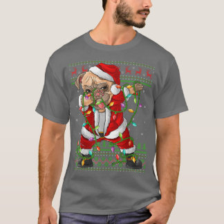 ダビングパグドッグクリスマスライトおもしろい醜いパグサンタC Tシャツ