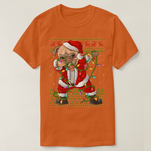 ダビングパグドッグクリスマスライトおもしろい醜いパグサンタC Tシャツ (デザイン正面)