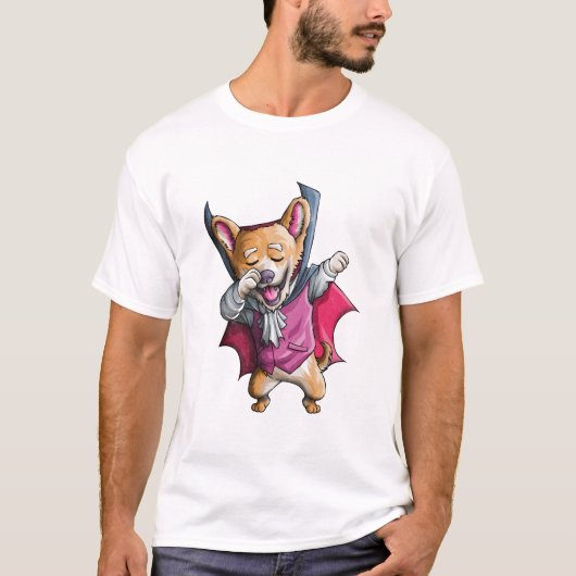 ダビング吸血鬼コーギー かわいいハロウィンコーギー ジョークグッズ Tシャツ (正面)