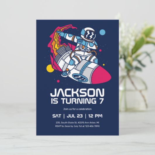 ダビング宇宙飛行士宇宙ロケット子供の誕生日 招待状 (スタンド正面)