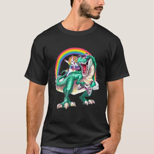 ダビングUnicorn恐竜ゲームのゲームに乗って Tシャツ (正面)