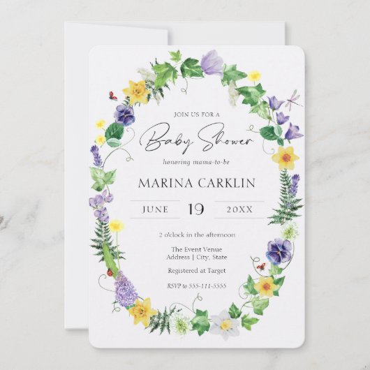 ダフ素朴ィル、ワイルドフラワー&詩ベビーシャワー 招待状 (正面)