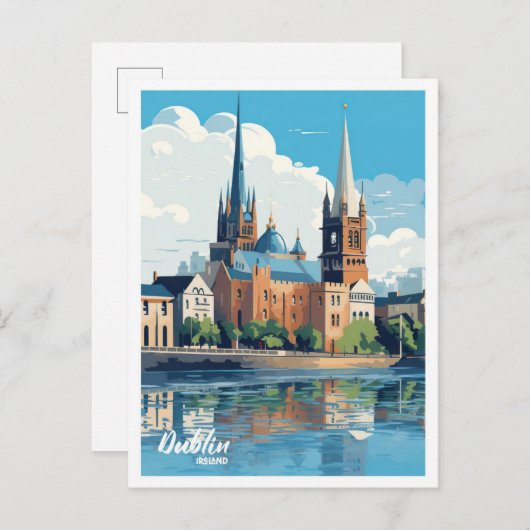 ダブリンアイルランドアートヴィンテージトラベルイラストレーション ポストカード (正面/裏面)