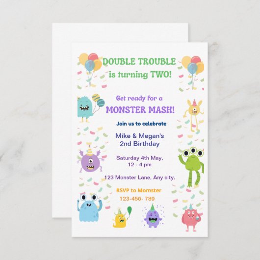 ダブルおもしろいツイン誕生日招待状 – 編集可能 出欠カード (正面/裏面)