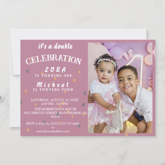 ダブルおもしろい!ジョイント兄弟姉妹誕生日Bash 招待状 (正面)