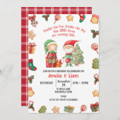 ダブルおもしろい、小妖精や小人クリスマスツインズ1st誕生日 招待状 (正面/裏面)