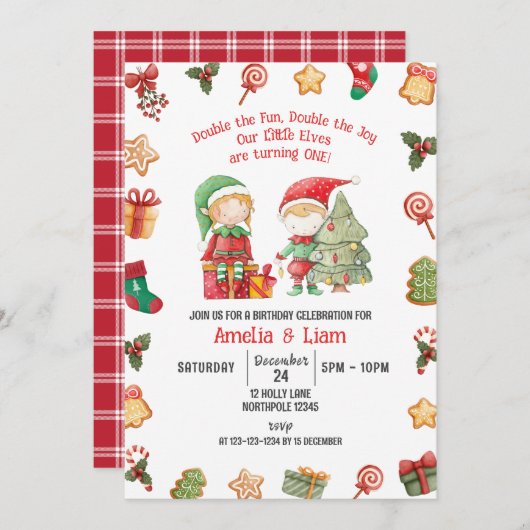 ダブルおもしろい、小妖精や小人クリスマスツインズ1st誕生日 招待状 (正面/裏面)
