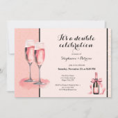 ダブルお祝いピンクシャンパン誕生日 招待状 (正面)