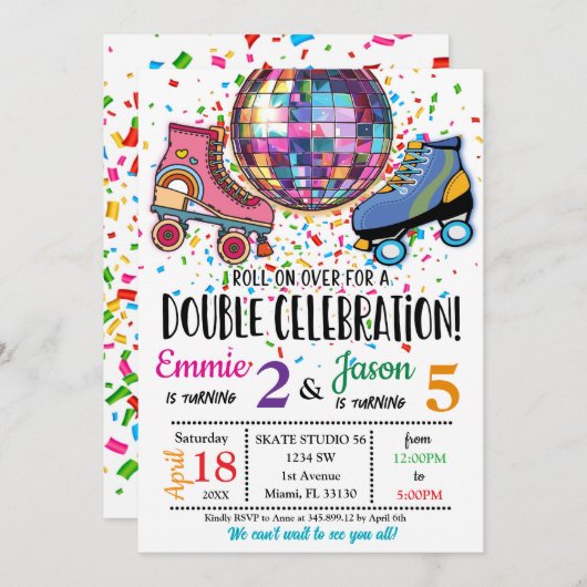 ダブルお祝いローラスケートで滑るディスコ招待状 招待状 (正面/裏面)
