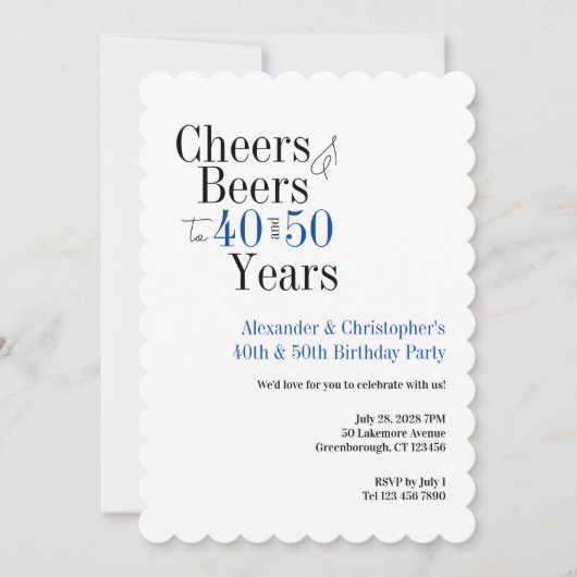 ダブルお祝い乾杯ビール誕生日パーティーブルー 招待状 (正面)