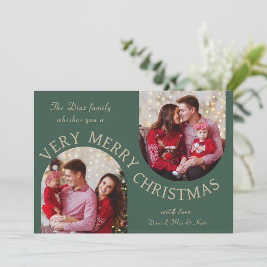 ダブルアーチグリーン非常に陽気なクリスマスフォトカード サンキューカード (スタンド正面)