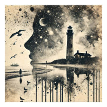 ダブルエクスポージャーポートレートと星空のライトハウス