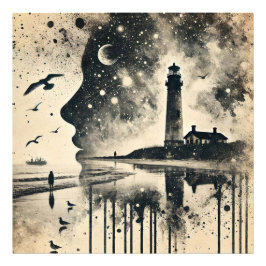 ダブルエクスポージャーポートレートと星空のライトハウス フォトプリント           