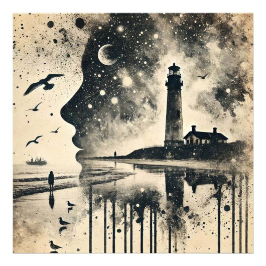 ダブルエクスポージャーポートレートと星空のライトハウス フォトプリント (正面)