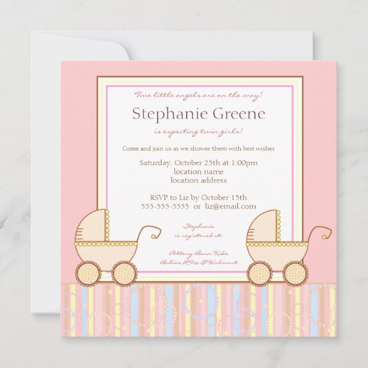 ダブルキャリッジツインガールベビーシャワー招待状 招待状 (正面)