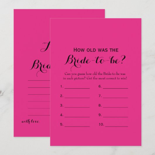ダブルサイドホットピンクブライダルシャワーゲーム 招待状 (正面/裏面)