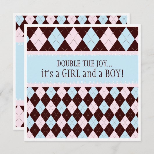 ダブルザジョイアーガイルボーイガールツインズベビーシャワー 招待状 (正面/裏面)