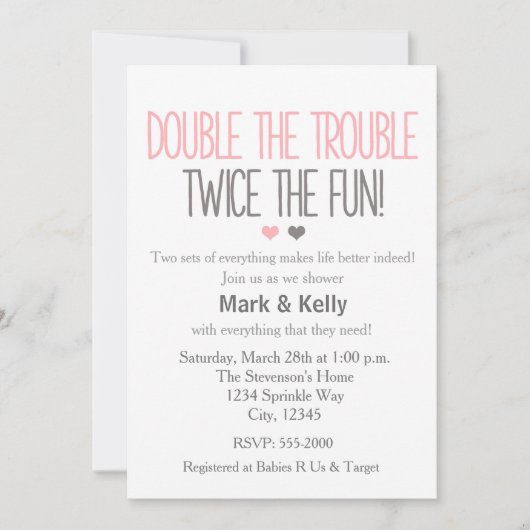 ダブルザトラブルツインズベビーシャワー招待状 招待状 (正面)